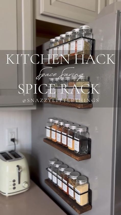 Spice Rack Space Saver! Great for small kitchens Spice Rack On Fridge, Extra Space In Kitchen What To Do With, Spices Organization Small Space, No Stove Kitchen Ideas, Apartment Kitchen Storage Solutions, Small Apartment Pantry Ideas, Unique Spice Rack Ideas, Small Living Storage Ideas, Kitchen With No Counter Space