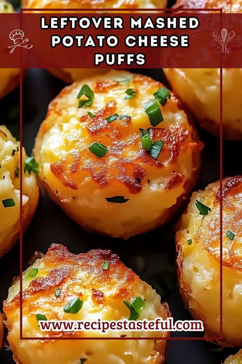 Transform your leftover mashed potatoes into delicious, cheesy puffs! These easy-to-make snacks are crispy on the outside and creamy on the inside, perfect for any occasion as a tasty appetizer or side dish. Garlic Chive Mashed Potato Puffs, Potatoe Puff Recipes, Homemade Cheesy Mashed Potatoes, Mashed Potatoes Cakes Leftover, Cheesy Mash Potatoe Puffs, Recipes That Use Mashed Potatoes, Leftover Cheesy Potatoes, Leftover Mashed Potatoes Cheese Puffs, Leftover Mashed Potato Ideas