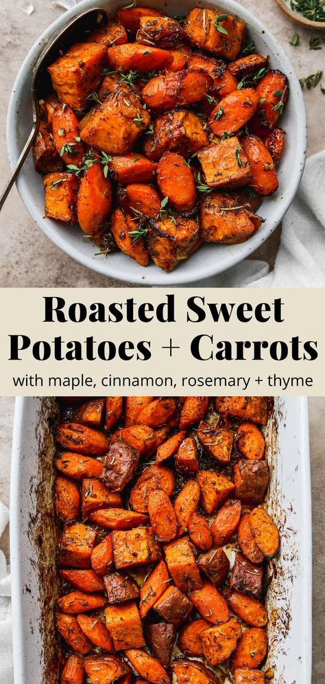 Pinterest graphic for roasted sweet potato and carrot vegetable recipes. Sweet Potatoes And Carrots, Sweet Potato Side Dish, Sweet Potato Sides, Potatoes And Carrots, Roasted Vegetable Recipes, Potatoes Carrots, Carrot Recipes, Potato Side Dishes, Veggie Side Dishes