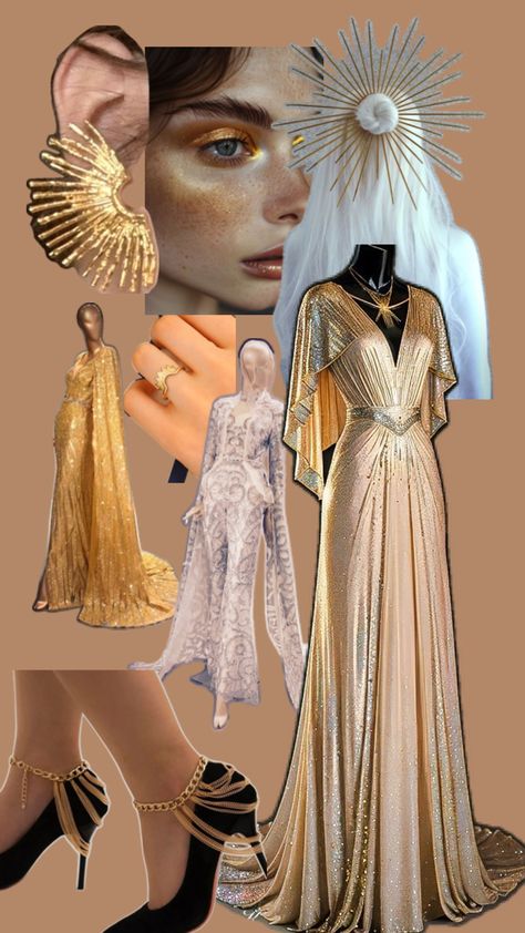 The Sun Costume Women, Sun Costume Aesthetic, Sun God Costume, Sun Goddess Costume Dresses, Golden Goddess Aesthetic Outfit, Sun Moon Clothes, Celestial Halloween Costume, Sun Fashion, Sun And Moon Goddess