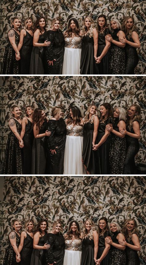 Winter bridesmaid inspiration from this modern New Year's Eve wedding. | Photo by Maggie Grace Photography #wedding #nyewedding #newyearseve #newyearsevewedding #modernwedding #glamwedding #glamorouswedding #winterwedding #bridesmaids #blackdresses #blackbridesmaiddresses #weddingdayfashion #weddingdress #bridalstyle #winterweddingdress #weddinghair #weddingmakeup #weddingideas New Year’s Eve Bridesmaid Dresses, New Years Eve Wedding Dress, New Years Eve Wedding Colors, Winter Bridesmaids, New Years Wedding, Nye Wedding, Black Bridesmaids, New Years Eve Weddings, Bridesmaid Inspiration