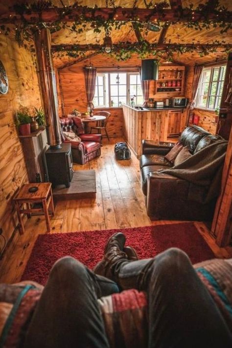 Dreaming of a warm and inviting tiny house? Check out these 15 rustic tiny house interior ideas that will make your small space feel like a cozy cabin retreat. From wooden accents to charming decor, click to explore all the inspiring designs! 🌲🏡✨ #GoTinySpace #RusticTinyHouse #Rustic Modern Cabin Aesthetic Interiors, Rustic Tiny House Interior, Cabins In The Woods Interior, Hunting Cabin Interior, Cabin Interiors Rustic, Tiny Cabins Interiors, Small Cottage Interiors, Reclaimed Wood Walls, Small Cabin Interiors