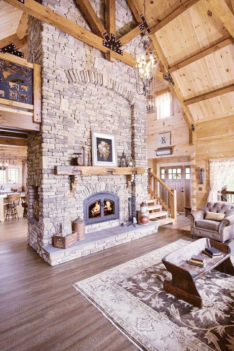 1800 Century House, Cabin Beams Ceilings, Stone Fireplace With Cathedral Ceiling, Living Room With Big Fireplace, Fireplace In Middle Of Open Floor Plan, Log House Interior Modern, Modern Log Cabin Homes, Cathedral Fireplace, Massive Farmhouse