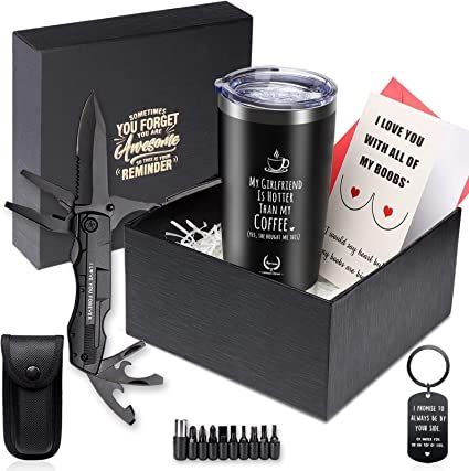 This Gifts Basket Includes 20oz Tumbler Multitool Pocket Knife “Always Be By Your Side” Key Ring and Funny Card Remember to Take This Gift Set With Boyfriend and Go To a Picnic, Hiking Adventure, RV Tour, Beach Outing, Or Fishing Trip. It Can Be Used in Automobile Industry, Home Maintenance, Manufacturing, Construction And Other Industries, Also Favored By Home Decoration DIY Design Enthusiasts to Eupport Boyfriend Birthday Gifts, Boyfriend Gift Ideas, Valentines Day Baskets, Gift Baskets For Him, Boyfriend Gift Basket, Anniversary Boyfriend, Valentine's Day Gift Baskets, Best Boyfriend Gifts, Girlfriend Anniversary