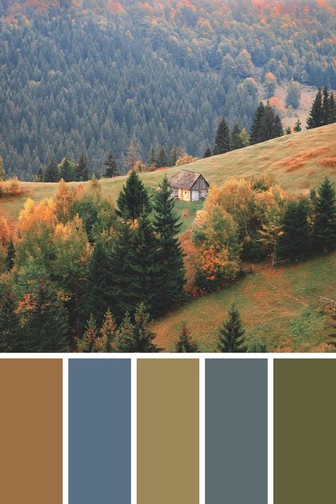 This color palette consists of oranges, reds, browns, with muted greens and splashes of blue. It is inpired by the mountain fall lanscape on a chilly and relaxed October day. Moody Nature Color Palette, Blue Orange Green Brown Color Palette, Earthy Autumn Color Palette, Blue Fall Color Palette, Orange Blue Green Color Palette, Blue And Green Fall Wedding, Blue Autumn Color Palette, Blue Green Brown Color Palette, Blue Green Orange Color Palette