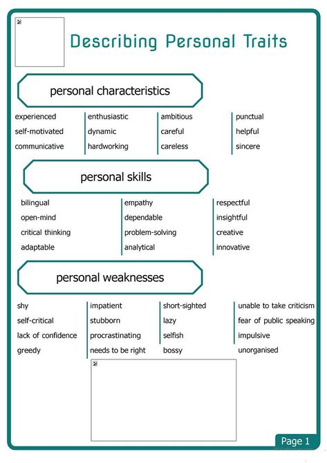 Describing Personal Traits - English ESL Worksheets for distance learning and physical classrooms Big 5 Personality, Personal Skills, Personal Qualities, Ab Challenge, Good Traits, Health Signs, Descriptive Writing, Personal Identity, Speaking Skills