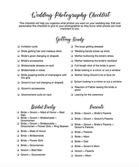 Download our free comprehensive wedding photography checklist to give to your photographer so they know what photos are most important to you on your wedding day. Wedding Day Photo Checklist, Wedding Photography Checklist For Photographer, Photographer Checklist, Wedding Photographer Checklist, Wedding Photo Checklist, Photography Checklist, Photo Checklist, Wedding Photography Checklist, Wedding Shot List