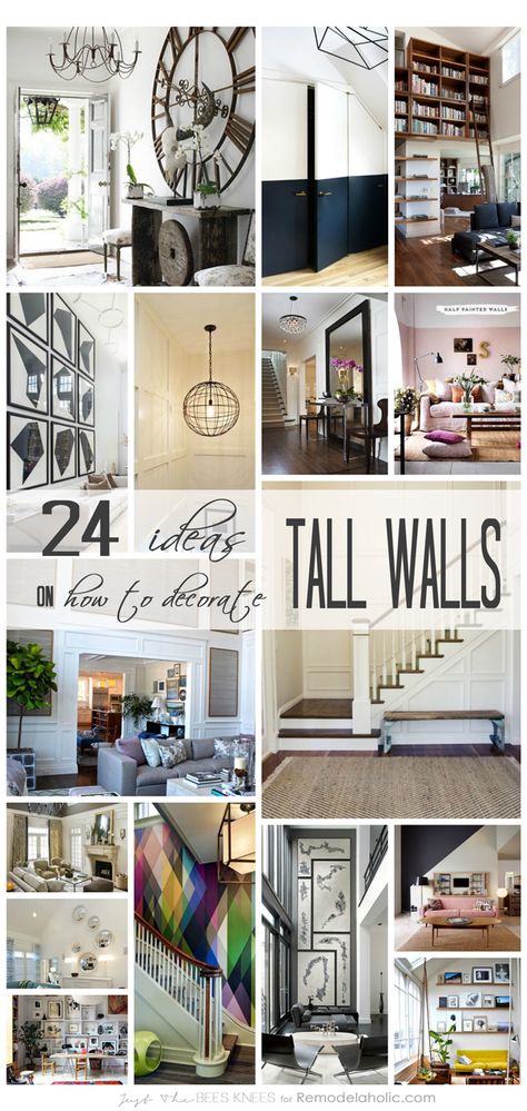 24 Ways to Decorate Tall Walls | Those large, high walls can be so beautiful, but decorating them to look "right" can be tricky. Use these ideas to make it work in your home. Decorate Tall Walls, Decorating High Walls, Living Ceiling, Tall Ceiling Living Room, High Ceiling Decorating, Tall Wall Decor, Large Wall Decor Living Room, High Ceiling Living Room, Big Wall Decor