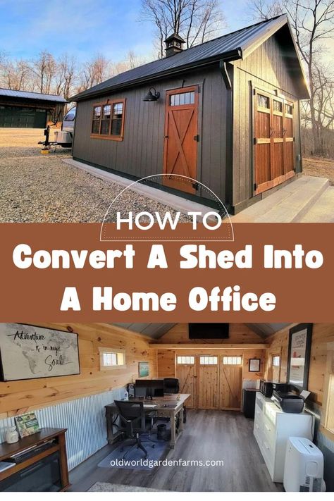 Two images including one with the interior of a shed converted into a home office, and the other is the exterior of the shed converted into a home office. From oldworldgardenfarms.com. Shed Home Office Ideas, Office Sheds Backyard, Outdoor Office Shed, Home Office Shed, Office Outside, Converted Shed, She Shed Office, Backyard Office Shed, Tiny Home Office