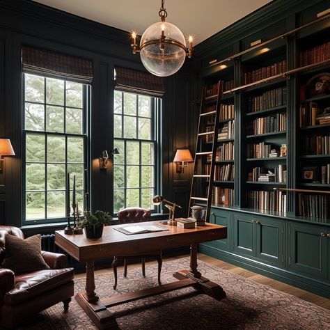 What color should I do next? Green has withstood the test of time and will always bring a bit of coziness and class to your home! Here… | Instagram Dark Green Office Library, Forest Green Study Room, Dark Green Aesthetic Library, Green Office Library, Deep Green Library, Green Bookshelf Wall, Essex Green Office, Study Room With Library, Green Office Bookshelves