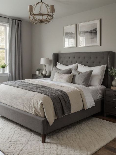 White And Grey Master Bedrooms Decor, Gray And White Guest Bedroom, Grey Bed Design Ideas, Grey Bedroom Sets Furniture, Room With Grey Bed Frame, Grey Bedroom Set Ideas, Bedroom Idea Grey Bed, Grey Wall Master Bedrooms Decor, Beds With Grey Headboard