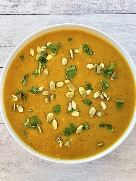 Roasted Butternut Squash & Ginger Soup • Sarah Koszyk Squash Ginger Soup, Butternut Squash Ginger Soup, Ginger Soup, Roasted Butternut Squash Soup, Butternut Squash Soup, Squash Soup, Roasted Butternut Squash, Roasted Butternut, Winter Squash