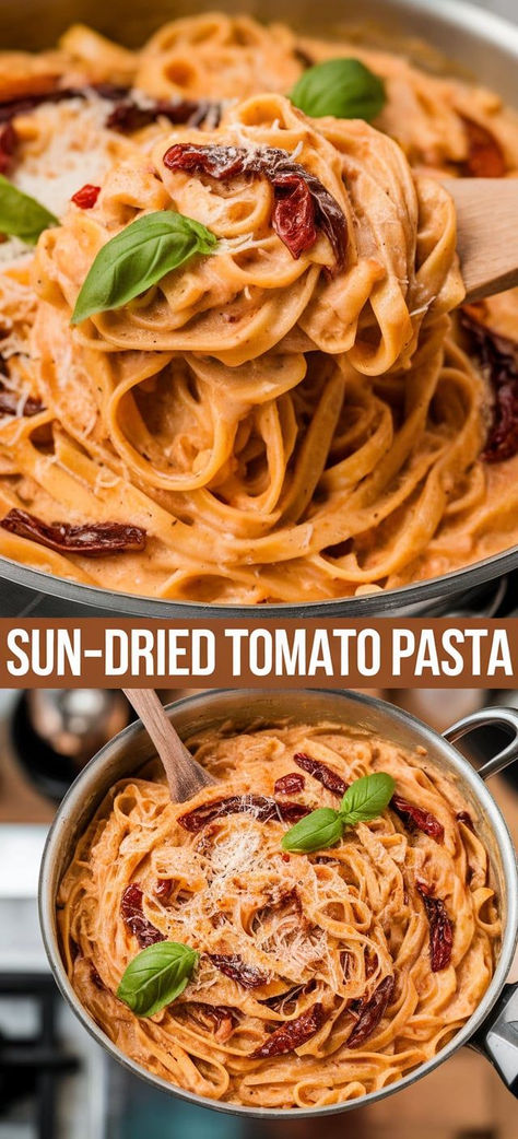 Sun-Dried Tomato Pasta that’s creamy, flavorful, and so easy to make!  Your new favorite pasta dish for busy weeknights Sun Dried Tomato Basil Pasta, Creamy Spicy Sun Dried Tomato Pasta, Spaghetti Sun Dried Tomatoes, Dishes With Sun Dried Tomatoes, How To Make Sun Dried Tomatoes, Sun Dried Tomato Pasta Sauce, Sun Dried Tomatoes Pasta, Dry Pasta Recipe, Sun Dried Tomato Recipes