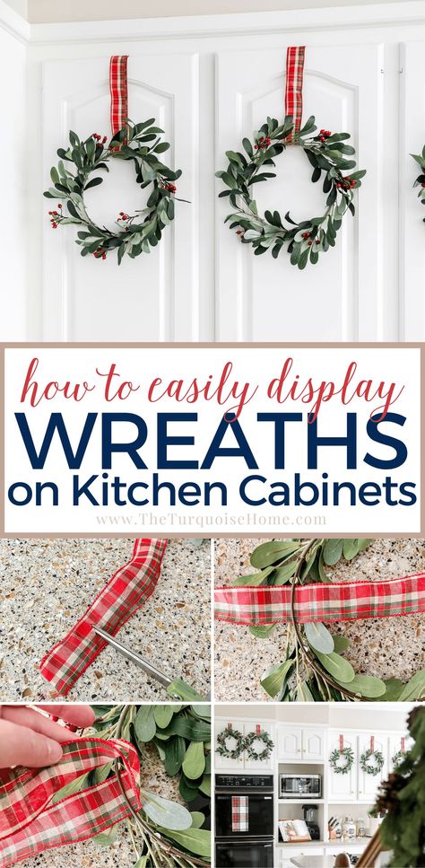 Cupboard Door Christmas Decor, How To Hang Cabinet Wreaths, Pantry Wreath Ideas, Little Wreaths On Cabinets, Cabinet Door Wreaths Christmas, Kitchen Christmas Decorations Cabinets Diy, Kitchen Cupboard Christmas Wreaths, Cabinet Decorating Ideas For Christmas, Wreath For Cabinet Doors