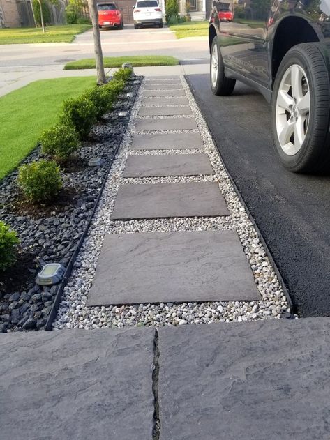 Walkway Beside Driveway, Asphalt Sidewalk Ideas, Next To Driveway Walkway, Driveway Sidewalk Ideas, Front Yard Landscaping Easy Maintenance, Diy Front Porch Walkway, Landscape Near Driveway, Driveway In Backyard, Curb Sidewalk Landscaping