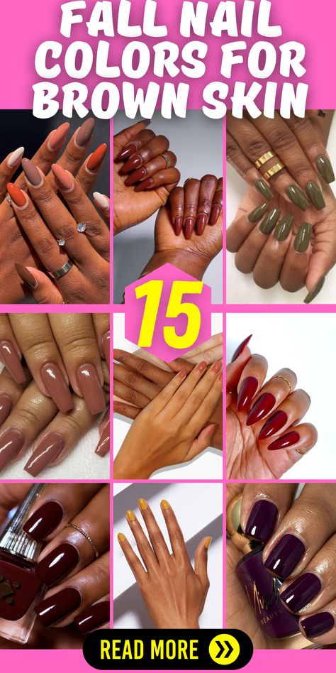 Elevate your nail game this fall with the trendiest nail colors for brown skin. From deep and rich tones to neutral and natural shades, there's a perfect color for every occasion. Whether you prefer short, square, or almond-shaped nails, these colors will complement your brown skin beautifully. Add a touch of elegance with matte finishes or go for a sleek and glossy gel polish. Get ready to rock stunning nail colors that enhance your natural beauty and make a statement this fall. Nail Polish Color For Brown Skin, Fall Nail Dark Skin, Brown Nails For Brown Skin, Nail Polish For Light Skin Tone, Fall Nail Colors Brown Skin, Nail Color Ideas For Dark Skin, Nail Art For Brown Skin Tone, Fall Nails For Brown Skin, Natural Nail Ideas Polish