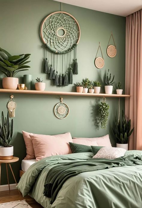 Aesthetic College Bedroom Ideas, Girls Green Bedroom Ideas, Pink And Green Bedroom Aesthetic, Green Room Ideas Bedroom, Girls Bedroom Green, Kylie Bedroom, Sage Bedroom, Bed Inspo, Blush Bedroom