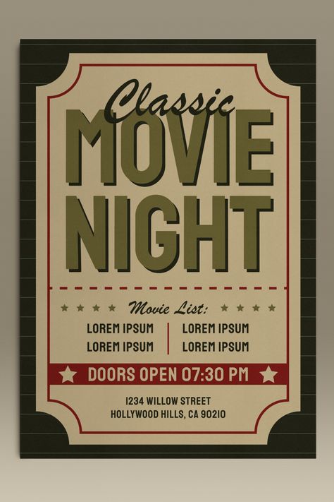 retro old vintage classic movie night event a4 poster design template design ideas by SSST! Graphic Old Cinema Poster, Movie Club Poster, Creative Movie Poster Design Ideas, Nostalgic Poster Design, Classic Posters Vintage, Film Club Poster, Movie Night Graphic, Vintage Cinema Poster, Club Posters Design