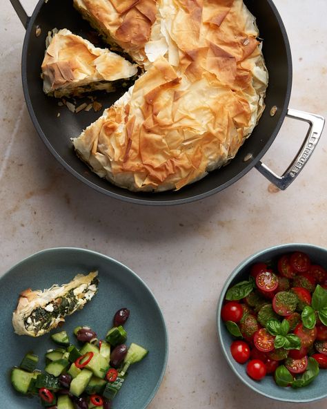 Jamie Oliver's 30 Minute Meals: Spinach & Feta Filo Pie recipe | HotCooking Jamie Oliver Recipes 15 Minute Meals, Spinach Feta Filo, Salad With Basil Dressing, Jamie Oliver 30 Minute Meals, Jaime Oliver, Filo Pie, Savoury Tarts, Maybe Next Time, 30 Min Meals