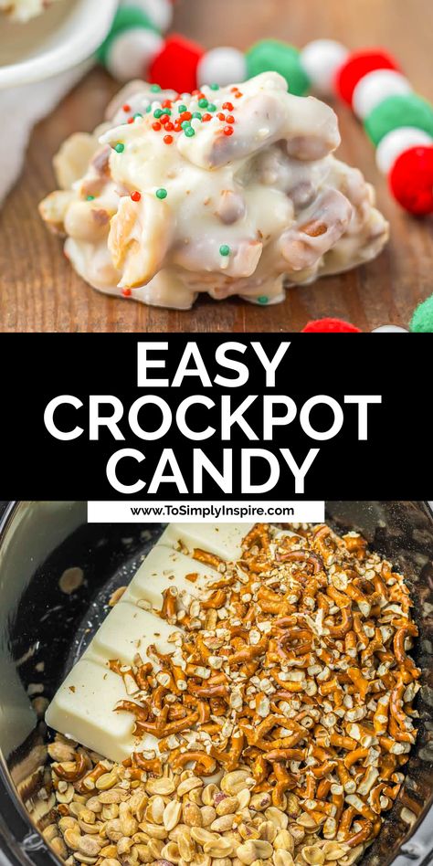 Easy crockpot candy in the slow cooker and a piece of candy on a wood cutting board with sprinkles. Christmas Bark With Marshmallows, Almond Bark Candy Holiday Treats, Crockpot Christmas Cookies, Christmas Recipes Easy Desserts, Simple Christmas Sweet Treats, 3 Ingredient Peppermint Bark, White Chocolate Crockpot Candy, Christmas Treats That Ship Well, Salty Treats Parties Snacks