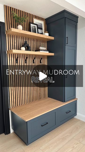 Natalie Park | DIY, Builds & Design on Instagram: "✨ ENTRYWAY MUDROOM REVEAL ✨

This space is officially done and I couldn’t be happier with how this custom build turned out! 🤩 I’m obsessed with the warm white oak contrasting with the rich dark blue/charcoal paint. It’s just too good! 

Every element of this entryway build is not just beautiful, but SO functional. From the deep white oak bench for sitting and putting shoes on, to the deep and shallow drawers for ALL the shoe storage, to the tall coat cabinet, to the additional storage cabinet above, to the floating shelves that can have extra baskets on, to the hooks for hanging bags, purses, and hats… I’d say it’s got it all 🙌🏻

Let me know what you think of this new addition to their entryway! 💙🤎🖤
.
.
.
.
.
#entrywaydesign #entrywa Entryway Cabinets Ideas, Hallway Storage With Bench, Mudroom Drawer Bench, Mudroom Shoe Storage Bench, Shoe And Coat Cabinet Entryway, Entryway Cabinet And Bench, Mudroom Ideas Cabinets, Small Built In Drop Zone, Hall Drop Zone