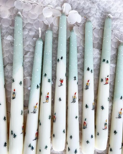 How To Paint Candlesticks, Winter Candle Painting, Painted Christmas Candlesticks, Painted Candle Ideas, Candle Stick Paintings, Painting Candle Sticks, Painted Taper Candles Diy, Painting Christmas Candles, Painted Candlesticks Christmas