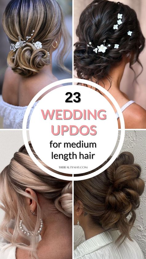 23 Wedding Updos for Medium Length Hair Wedding Updos Medium Hair, Updos For Shoulder Length Hair Wedding, Medium Hair Styles For Weddings, Medium Length Updo Bridesmaid, Simple Wedding Updos For Medium Hair, Bridesmaid Hairstyles Medium Length Updo, Updos For Medium Length Hair Wedding, Medium Length Hair Bridesmaid, Bridesmaid Hairstyles With Bangs