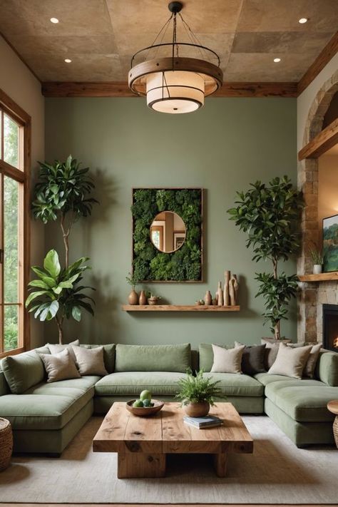 Minimalist decor focuses on simplicity, Living Room Green Aesthetic, Green Sofa Green Wall, Living Room Snug, Biophilic Design Interiors Living Rooms, Living Room Inspiration Paint Colors, Living Room Designs Green Walls, Green And Wood Living Room, Plants In Living Room Ideas, Green Wall Living Room