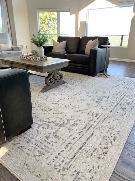 Rugs For Grey Laminate Flooring, Area Rug For Grey Floors, Rug With Grey Floor, Rugs In Living Room Grey Floor, Rugs With Dark Wood Floors, Light Grey And Tan Living Room, Rugs For Dark Furniture, Rugs With Grey Floors, Rugs On Grey Flooring