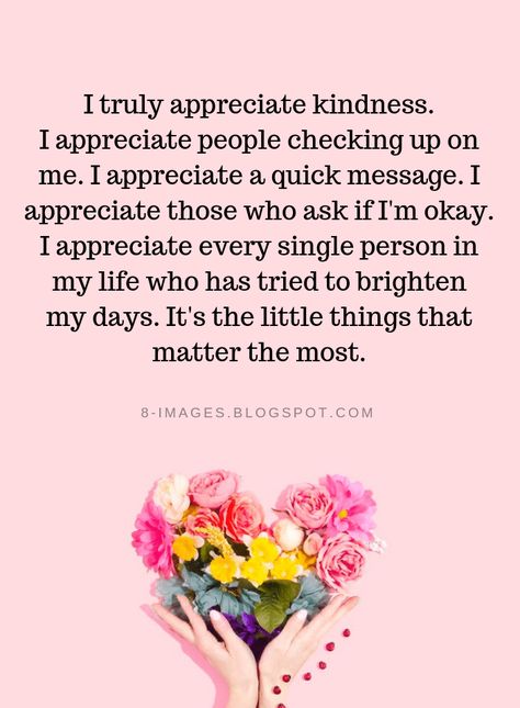 Quotes I truly appreciate kindness. I appreciate people checking up on me. I appreciate a quick message. I appreciate those who ask if I'm okay. I appreciate every single person in my life who has tried to brighten my days. It's the little things that matter the most. Appreciate Life Quotes, Things That Matter, Appreciation Quotes, Little Things Quotes, To Be Kind, Kindness Quotes, People Quotes, The Little Things, Positive Thoughts