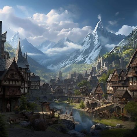 Mountain Village Fantasy Art, Fantasy Village, Mountain Aesthetic, Fantasy Town, Mountain City, Mountain Village, Fantasy City, Fantasy Places, Concept Art Drawing