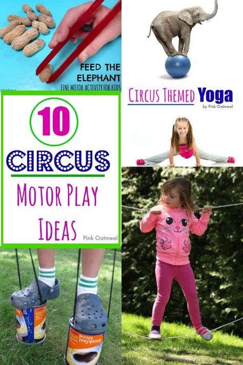 10 Circus Themed Motor Play Ideas For Kids.  Large motor games with a circus theme!  I love the 3rd one! Carnival Theme Dramatic Play, Circus Snacks Preschool, Circus Sensory, Circus Preschool, Circus Week, Themed Activities For Kids, Preschool Circus, Play Ideas For Kids, Circus Activities