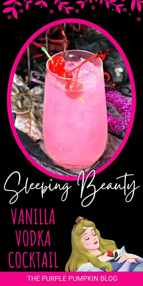 Disney isn't just for kids and this Sleeping Beauty Cocktail made with vanilla vodka and raspberry liqueur is for adults only! The pretty pink color will make you feel like Princess Aurora every time you take a sip of this magical beverage! Pink Alcoholic Drinks, Disney Cocktails, Disney Drinks, Cocktail Drinks Alcoholic, Raspberry Vodka, Raspberry Liqueur, Pink Drink, Themed Drinks, Vanilla Vodka