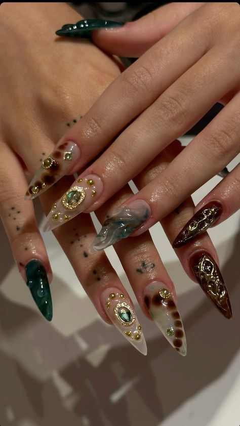 Pirate Nails Acrylic, Fall Nails Maximalist, Almond Boho Nails, Big Nail Charms, Ethereal Aesthetic Nails, Jewelry Nails Design, October Nails Long, Medusa Nails Acrylic, Fall Maximalist Nails