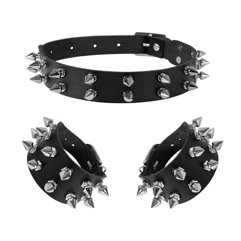 PRICES MAY VARY. Halloween Punk Choker and Bracelet Set: These spike choker bracelet set are made of quality faux leather and alloy, durable material comfortable touch feel, long time use. Leather Choker Bracelet Convenient Size: cool punk gothic collar is 43* 2.5cm(16.9*1") , punk gothic bracelet is 22*4cm(8.7*1.6"). Studded necklace bracelet, Leather jewelry, punk rock biker style with spike rivet decoraction, button adjustable, suitable for men women. Wide Application: Great for goth accessor Spiked Cuffs, Spiky Choker, Spiked Necklace, Spike Choker, Spiked Collar, Studded Choker, Punk Choker, Halloween Party Accessories, Emo Jewelry