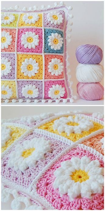 This Crochet Daisy Granny Square Blanket Free Pattern is gorgeous and it will be perfect for cushions, blankets, bags and more. It will take on a different look and feel dependent on your color combination choices. It has a wonderful texture and we have included a very helpful video tutorial to show how. #crochet #aboutcrochet #crochetstitches #crochetpatterns #crochettutorial #freecrochetpattern #crochetgrannysquare #crochetdaisyblanket Crochet Daisy Granny Square, Daisy Granny Square, Motif Kait, Pola Kotak, Granny Square Haken, Granny Square Crochet Patterns, Mode Crochet, Crochet Granny Square Blanket, Crochet Daisy