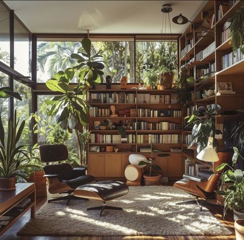 Mid Century Dream House, Bookshelves Mid Century Modern, Eames Interior Design, Retro Home Inspiration, The Eames House, Mid Century Modern Living Room With Plants, Mcm House Interior, Mid Century Home Library, Mid Century Library Room