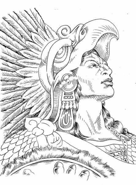 Aztec Warrior Drawing Sketches, Aztec Goddess Tattoo Mexican, Aztec Princess Drawing, Aztec Headdress Drawing, Aztec Warrior Tattoo Stencil, Aztec Coloring Pages, Azteca Drawing, Aztec Drawing Sketches, Maya Drawing