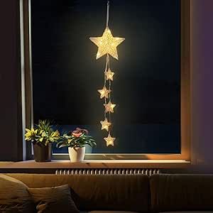 Lewondr Hanging Light, Rattan Star Shape Fairy Lights Indoor Decorative Lights Window Light Battery Operated Star Lights for Children's Room Bedroom Party Decoration with Timer Function, White Bedroom Fairy Lights Ceiling, Cute Hanging Lights, Light Of The World Decorations, Small Can Lights, Nursery Fairy Lights, Twinkle Lights In Bedroom, Indoor Lights Decoration, Fairy Lights Window, Hanging Lights In Bedroom