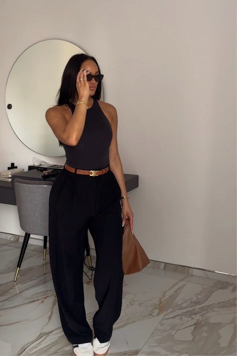 HIGH NECK BODYSUIT curated on LTK Luxury Woman Outfit, Bodysuit And Wide Leg Pants, Bodysuit Outfit Ideas Black Women, Travel Outfit Black Women, Chic Summer Outfits Black Women, Bodysuit Black Outfit, Upscale Casual Outfit, Fashion 2024 Trends Women, Bodysuit Outfit Black Women