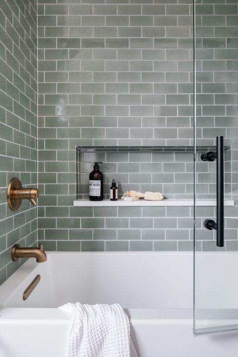 Grey Green Shower Tile, Green Gray Tile Bathroom, Rosemary Tile Bathroom, Green Grey Tiles Bathroom, Inset Tub Shower Combo, Bathroom Shelves And Cabinets, Green Tile For Bathroom, Small Main Bathroom Ideas With Tub, Green Bathroom Wall Tiles