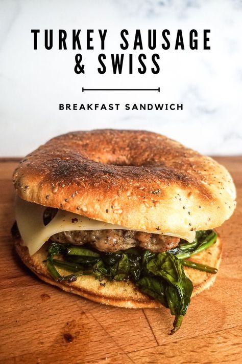 Get rid of boring mornings with this turkey sausage, swiss, and spinach breakfast bagel. Meal prep ahead so that all you have to do is toast your bagel in the morning and reheat your sausage and veggies. So many of us wonder how to get all the servings of vegetables that we need in a day. You don't have to have a salad for breakfast. Sauteed vegetables pair great with all your breakfast ideas including this turkey sausage bagel sandwich. High protein and full of flavor. Easy to eat on the go. Turkey Sausage Sandwich, Sausage Bagel Sandwich, Bagel Breakfast Sandwich Sausage, Turkey Sausage Breakfast Sandwich, Breakfast Bagel Meal Prep, High Protein Breakfast Bagel, Sausage Lunch Ideas, Turkey Breakfast Ideas, Bagel Meal Prep