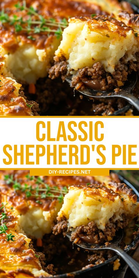 Enjoy a classic Shepherd's Pie with this easy recipe. Flavorful meat filling topped with creamy mashed potatoes, perfect for a cozy meal! Yorkshire Pie Recipe, Brown Gravy Shepards Pie, Scottish Shepards Pie, Shepards Pie With Corn, Homemade Shepards Pie, Gf Shepherds Pie, Shepherds Pie With Ground Lamb, Shepherds Pie Mashed Potatoes, Beef Sheppard’s Pie