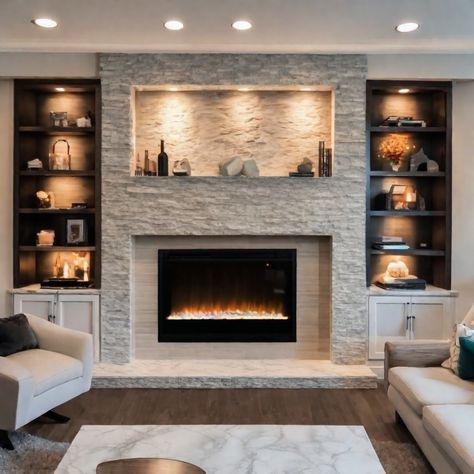 Modern Fireplace Shelving, Finished Basement With Fireplace, Stone Media Wall, Off Center Fireplace Ideas Living Rooms, Living Room Chimney Wall Ideas, Chimney Design Modern, Chimney Makeover, Fireplace And Tv Wall, Modern Fireplace Ideas Living Rooms