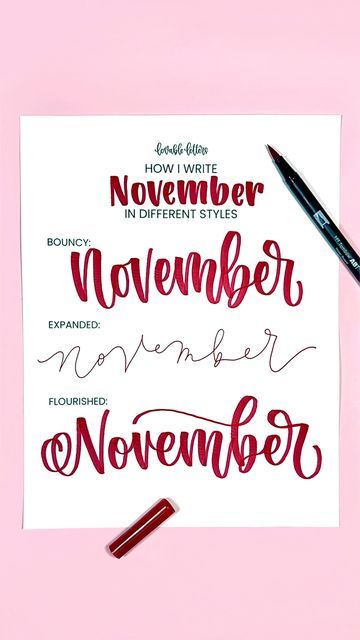 Marcella | Lettering Artist on Instagram: "Here are three different ways to write the word November! Which one is your favorite? 1️⃣ The 1st is a simple and bouncy without any extra frills. This is my standard, natural lettering style. 2️⃣ The 2nd is an expanded version using the bullet tip side of this marker, which I pretty much only use for this style. 3️⃣ The 3rd is a more ornamented version of the bouncy style, with added flourishes to make it a bit more fun. What I Used: - Marker: Tombow Dual Brush Pen - Paper: Astrobrights 28lb Printer Paper - Nails: Impress Manicure #lettering #letteringtutorial #learnlettering #handwriting #calligraphylettering #calligraphy" Lettering Journal Handwriting, November Calligraphy Hand Lettering, Brush Marker Calligraphy, November Hand Lettering, November Lettering, Different Ways To Write, November Writing, Paper Nails, Impress Manicure