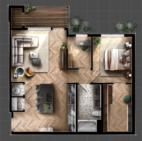 Floor Plan House Modern, Home Plan Design, Luxury Apartment Layout Floor Plans, Flooring Layout Plan, Aesthetic Apartment Layout, Apartment Interior Floor Plan, Coohom Designs, Luxury Studio Apartment Interior Design, One Room Apartment Design