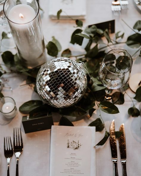 Disco details to die for.🪩🫶🏼 #basecampvisual #exploreyourstory Disco Table Scape, New Year Tablescape, Disco Theme Rehearsal Dinner, Disco Center Piece, Disco Christmas Party Theme, Disco Nye Party, Disco Holiday Party, Nye Wedding Decor, Christmas Disco Party