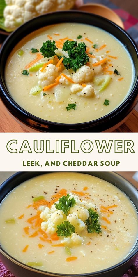 Creamy Cauliflower, Leek, and Cheddar Soup  Ingredients: For the Soup:  1 medium head cauliflower, broken into florets 1 medium carrot, shredded 1/4 cup chopped celery 1 medium leek, cleaned and chopped 2 1/2 cups water 2 teaspoons chicken bouillon or 1 vegetable bouillon cube  #Soup #Cauliflower Leek And Cauliflower Soup, Soup Cauliflower, Vegetable Bouillon, Cauliflower Vegetable, Carrots And Celery, Carrot Soup Recipes, Cauliflower Soup Recipes, Soup Ingredients, Chicken Bouillon