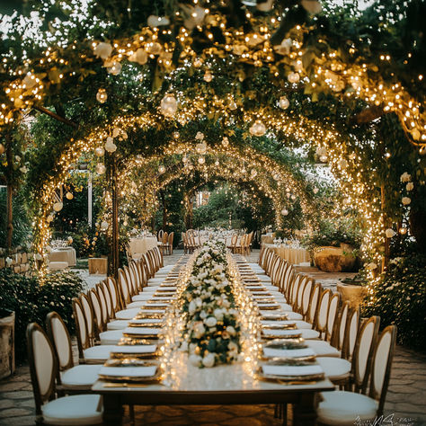 Transform your wedding day into a fairytale with this magical outdoor garden reception! Under a stunning archway adorned with twinkling lights and lush greenery, this long banquet-style table is perfect for an unforgettable evening. The soft, romantic lighting and elegant florals create the perfect intimate atmosphere for a dream wedding celebration. Save this pin for elegant garden wedding inspiration! #GardenWedding #TwinkleLightsWedding #OutdoorWedding #WeddingDecorInspo #MagicalWedding Outdoor Wedding Elegant, Whimsical Classy Wedding, Magical Backyard Wedding, Wedding With Lots Of Lights, Long Banquet Tables Wedding, Elegant Wedding Reception Outdoors, Fairytale Castle Wedding, 40 People Wedding, Garden Wedding Set Up