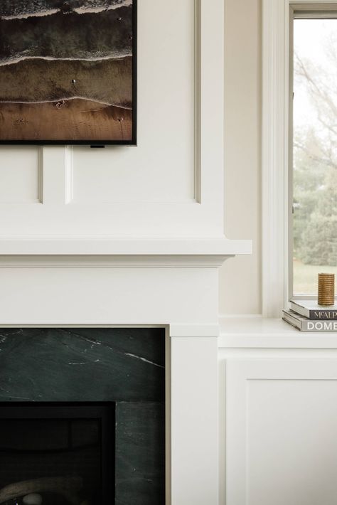 Wood Trim Fireplace Surround, Painted Wood Fireplace Surround, Grey Marble Fireplace Surround, Transitional Fireplace Surround, Fireplace Mantle Design, Soap Stone Fireplace, Fireplace With Molding, Gas Fireplace Mantle, Modern Craftsman Fireplace